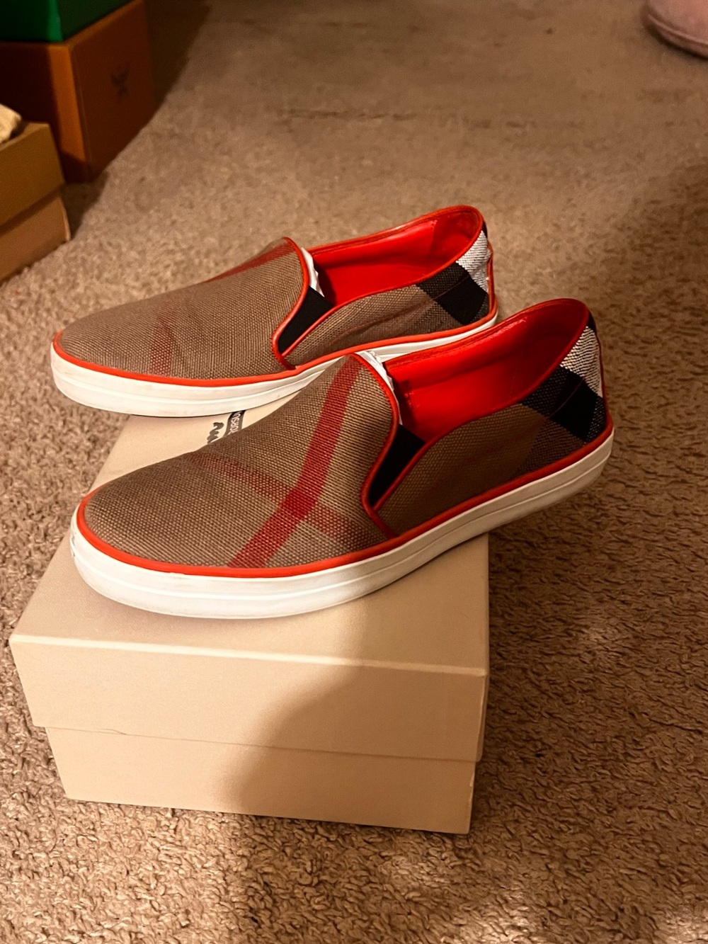 Burberry Brown Check Slip-On Sneakers with Red Trim
